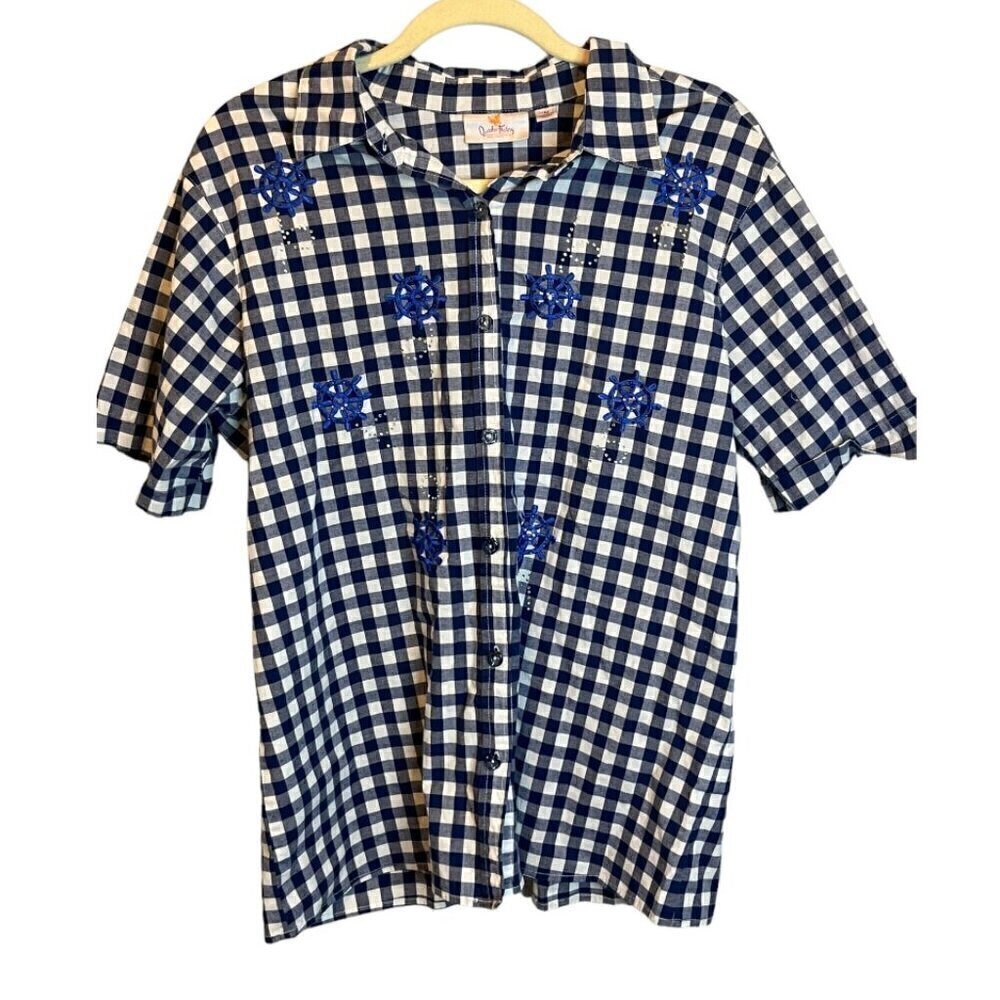 Quacker Factory Blouse Women's Size Medium Gingham Nautical Sailor Blue White